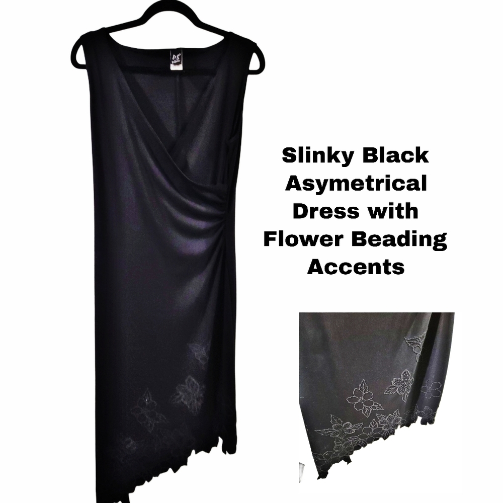 PS Slinky Asymetrical Dress with rouched waist and Beaded accents. L